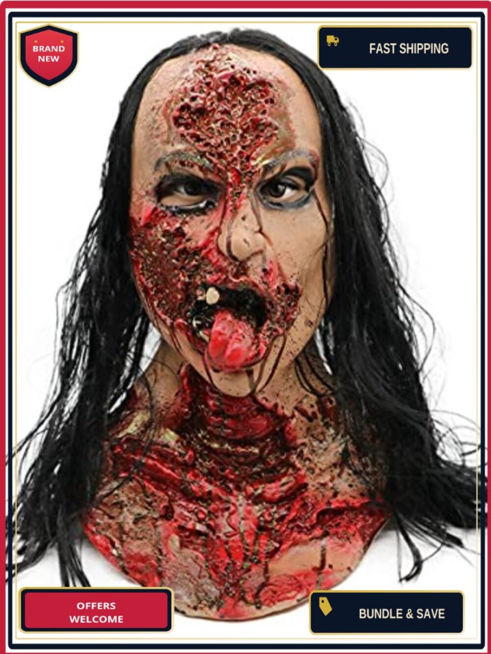Realistic Latex Zombie Ghost Mask Long Hair Bloody Face Halloween Costume